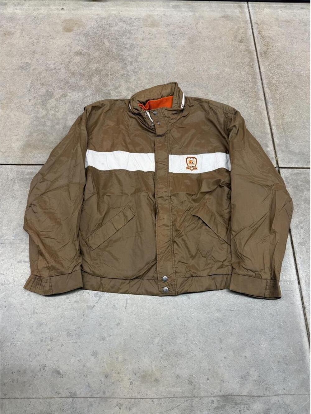 vintage cleveland browns brown and white zip up made in usa bomber jacket